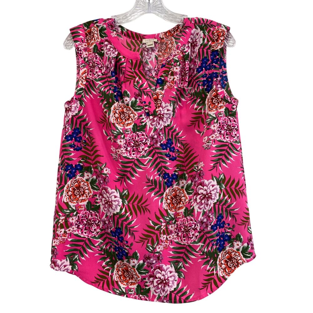 J Crew Bright Pink Tropical Floral V-Neck Sleeveless Top Sz 4 Resort Girl Boss